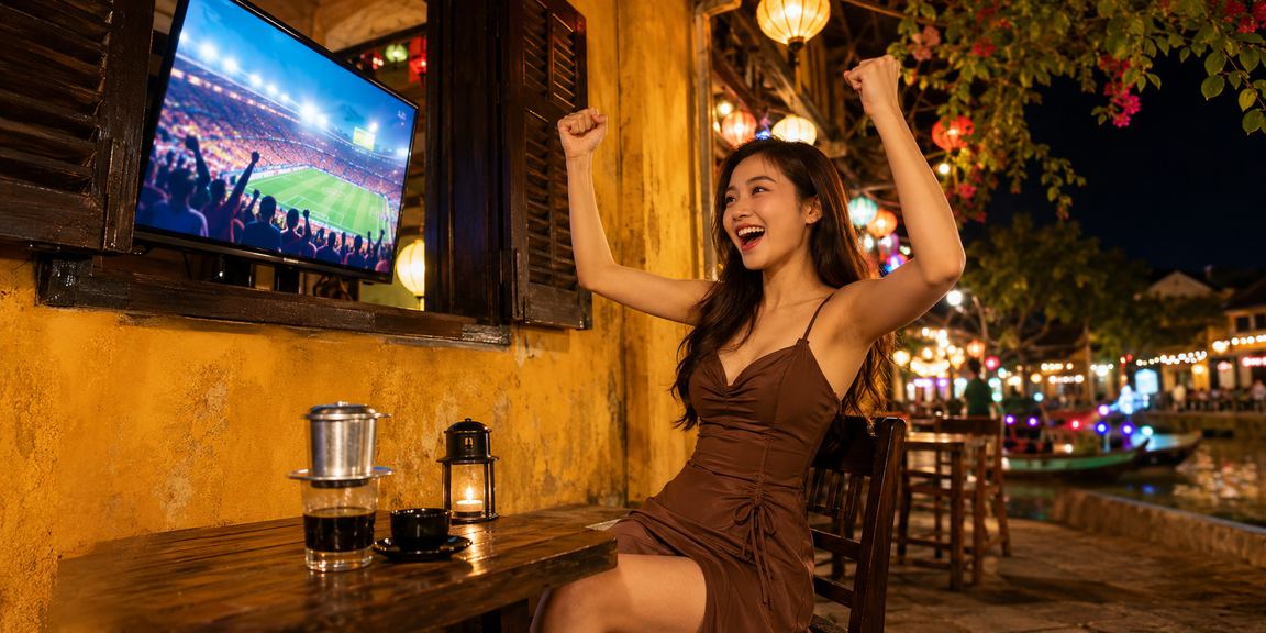 Người dùng tại Hội An xem thông tin giao dịch tài chính trong lúc uống cà phê buổi sáng
